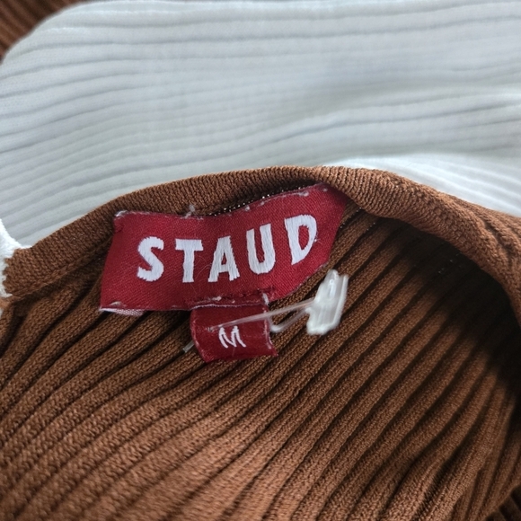 New Staud Dana Ribbed Knit V-Neck Sleeveless Tan/White Midi Dress NWOT Medium - Picture 10 of 16